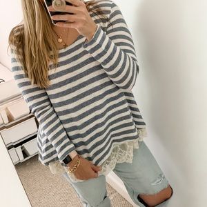 UMGEE Blue and White Striped Top with Lace Detail